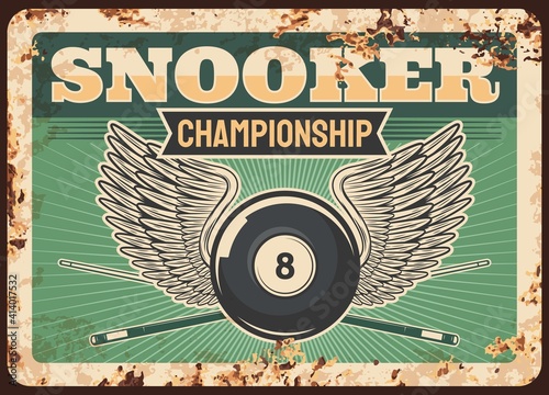 Snooker pool billiards club rusty metal plate, balls, cue and table sport championship, vector retro poster. Billiards or snooker pool club tournament, 8 ball on wings and cue, metal plate with rust