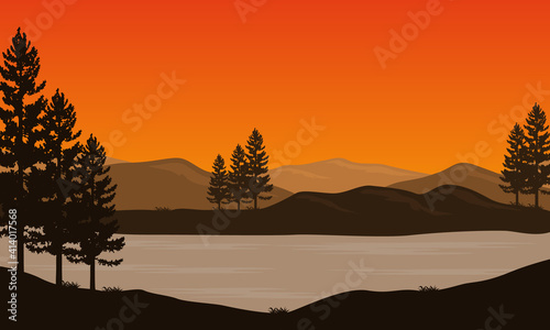 Fantastic silhouette of mountains at dusk on the riverbank. Vector illustration