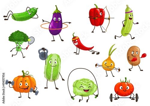 Vegetables sportsmen, isolated vector broccoli, squash and onion, potato, bell pepper and eggplant with chili or pumpkin. Tomato, cucumber cartoon veggies healthy lifestyle and sport cartoon icons set