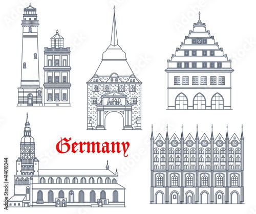 Germany landmarks buildings architecture and cathedrals of German Mecklenburg Pomerania cities. Rostock, Greifswald and Stralsund rathaus buildings, Ruegen lighthouse and gothic Steintor gates