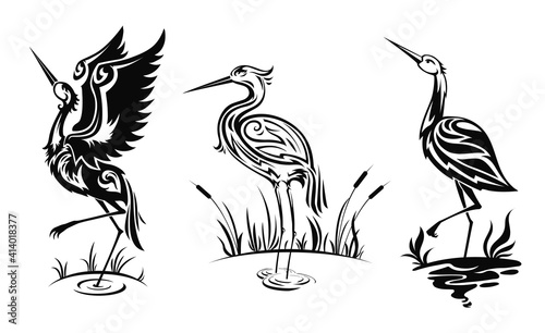 Heron or wader birds vector icons, black hern silhouettes stand in swamp water with reeds. Egrets with ornate body wading in marsh side view, tattoo design emblems isolated on white background set