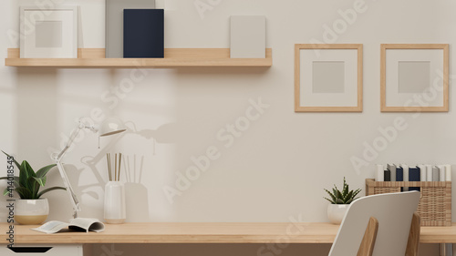Fototapeta Naklejka Na Ścianę i Meble -  3D rendering, home office room with copy space, supplies and decorations, 3D illustration