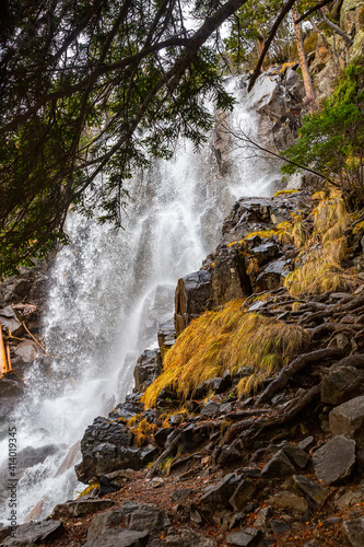 Cascada (waterfall) de Ratera, above Sant Maurici Lake, as seen from the trail to Refugi d'Amitges, Aiquestortes i Estany de Sant Maurici National Park, Pyrenees, Espot village, Catalonia, Spain