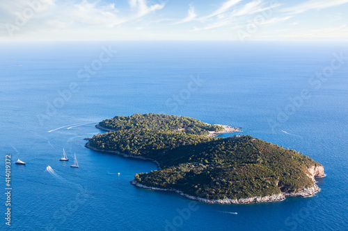 A Beautiful Green Island Lokrum Near Dubrovnik Surrounded by a Big Blue Sea, Sailboats, Boats and a Yacht