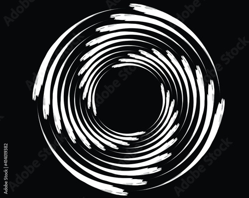  Black halftone dots in vortex form. Geometric art. Trendy design element.Circular and radial lines volute, helix.Segmented circle with rotation.Radiating arc lines.Grunge Paint Roller