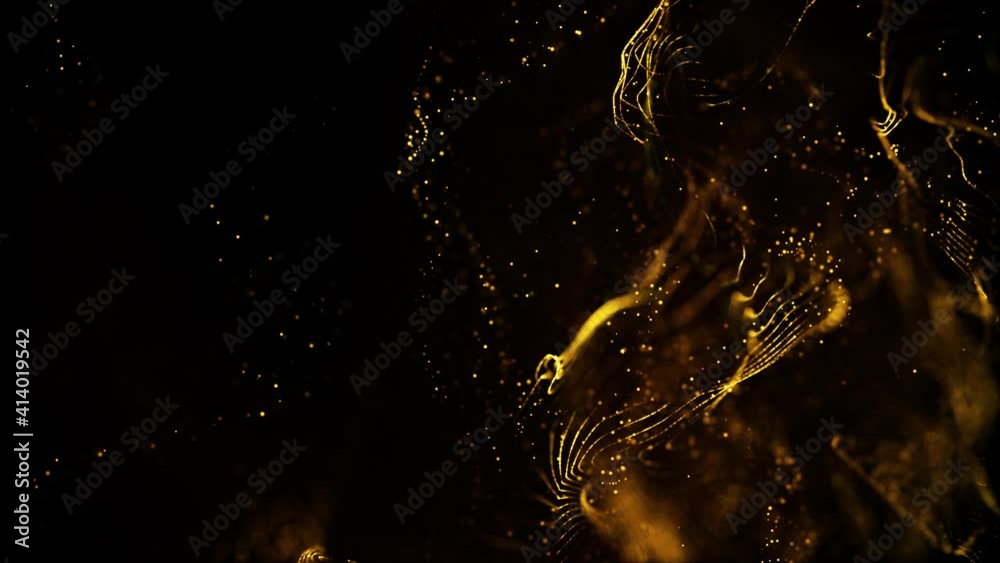 Gold ink in water shooting with high speed camera. Golden glitter sand or dust creating abstract cloud formations metamorphosis. Art backgrounds. Super Slow Motion at 1000fps.
