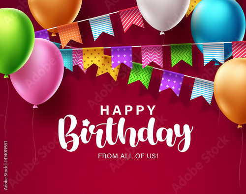 Happy birthday greeting vector background design. Birthday text in red space background with balloons and pennant elements for party celebrations and decoration. Vector illustration.
