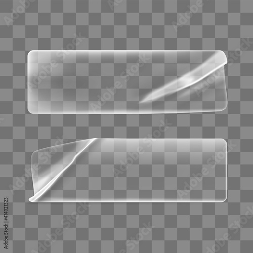 Transparent glued crumpled rectangle stickers mock up set. Blank adhesive transparent paper or plastic sticker label with curled and wrinkled effect. 3d realistic vector icon
