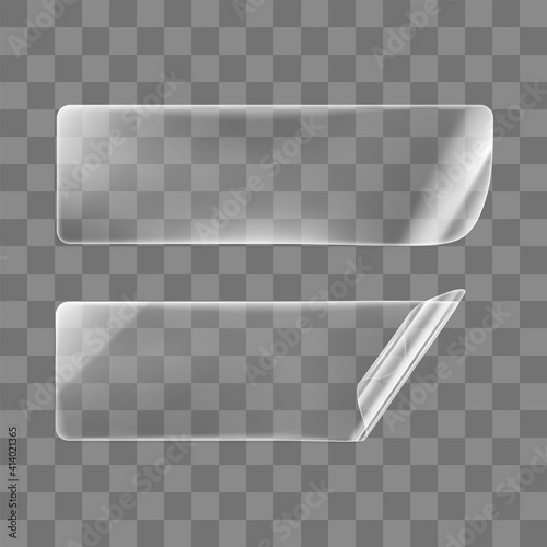 Transparent glued rectangle stickers with curled corners mock up set. Blank adhesive transparent paper or plastic sticker label with curled and wrinkled effect. 3d realistic vector icon