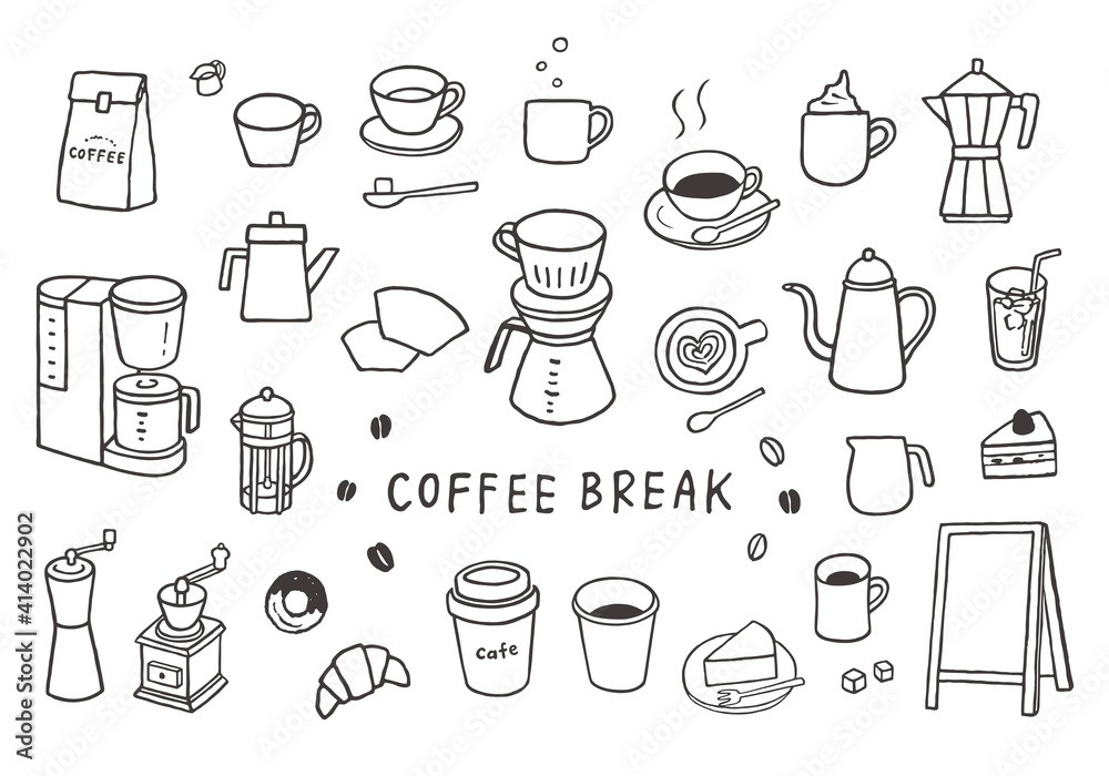 コーヒーやコーヒーグッズにまつわる手描きイラストセット（モノクロ）