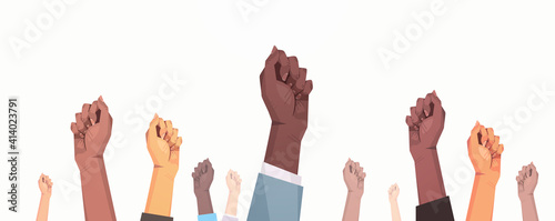 international womens day mix race raised fists strong girl power concept different nationalities female hands horizontal vector illustration