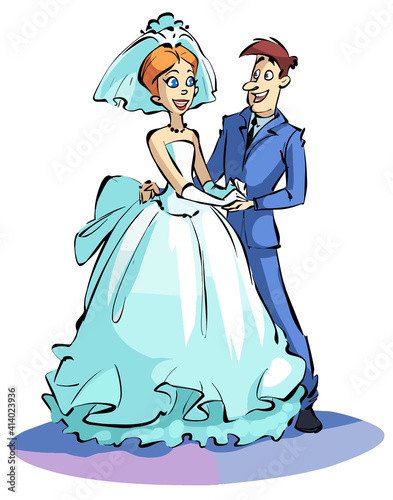 Happy bride and groom get married. Flat vector illustration of lovers man and woman in wedding clothes.