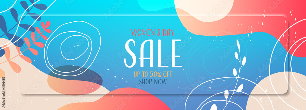 Fototapeta premium womens day 8 march holiday celebration vibrant sale banner flyer or greeting card with decorative leaves and hand drawn textures horizontal vector illustration