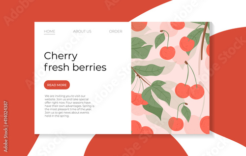 Ripe cherries landing page design. Sweet fresh cherry berry with leaves vector hand drawn website concept.