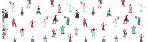 set mix race women holding bouquets womens day 8 march holiday celebration concept seamless pattern full length horizontal vector illustration