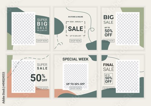 6 bundle of sale square banner. Minimalist modern puzzle abstract brush design style template with pastel color. Suitable for promotional ads in social media feed posts. Vector Illustration