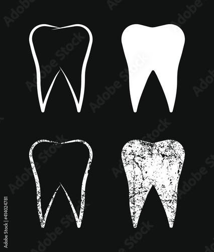 Tooth shape icon collection. Dental vector symbol set. Grunge texture. Dentist sign. Oral and teeth logo. Silhouette isolated on white background.