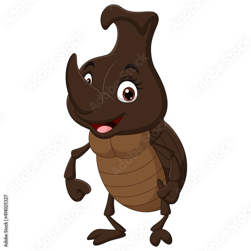 Cartoon funny rhinoceros beetle on white background