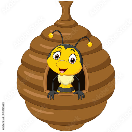 Cartoon cute little bee inside beehive