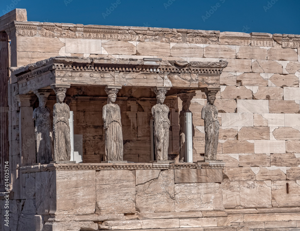 Athens Acropolis Greece, Caryatides women statues on Erechthion ancient temple facade