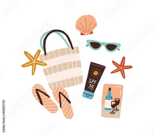 Beach bag or purse with sunglasses, flip-flops, tube of sun cream, sea shell and starfish. Top view of summer items. Colored flat vector illustration isolated on white background