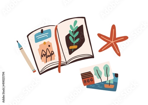 Album for collecting memories about traveling to sea. Diary with notes, photos and pictures for remembering summer holiday. Colored flat vector illustration isolated on white background