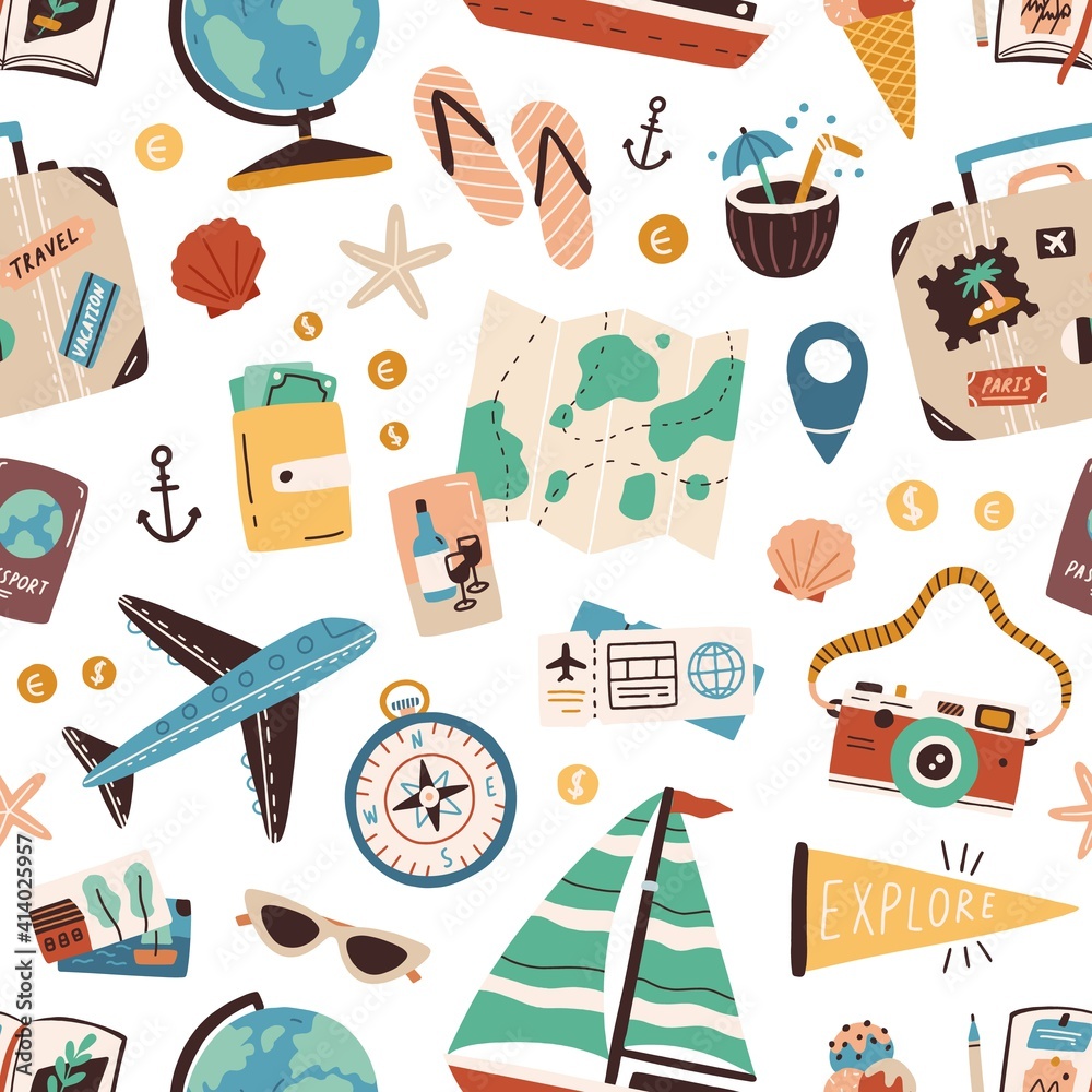 Seamless pattern with touristic stuff like passport, suitcase, globe, compass, plane and map. Endless texture about travel and tourism. Colored flat vector illustration isolated on white background