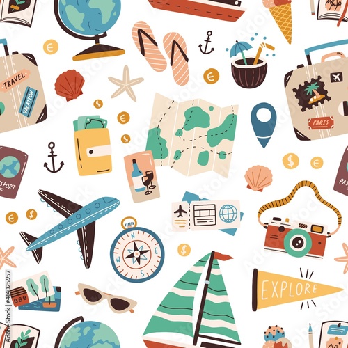 Tapety Podróże  seamless-pattern-with-touristic-stuff-like-passport-suitcase-globe-compass-plane-and-map-endless-texture-about-travel-and-tourism-colored-flat-vector-illustration-isolated-on-white-background