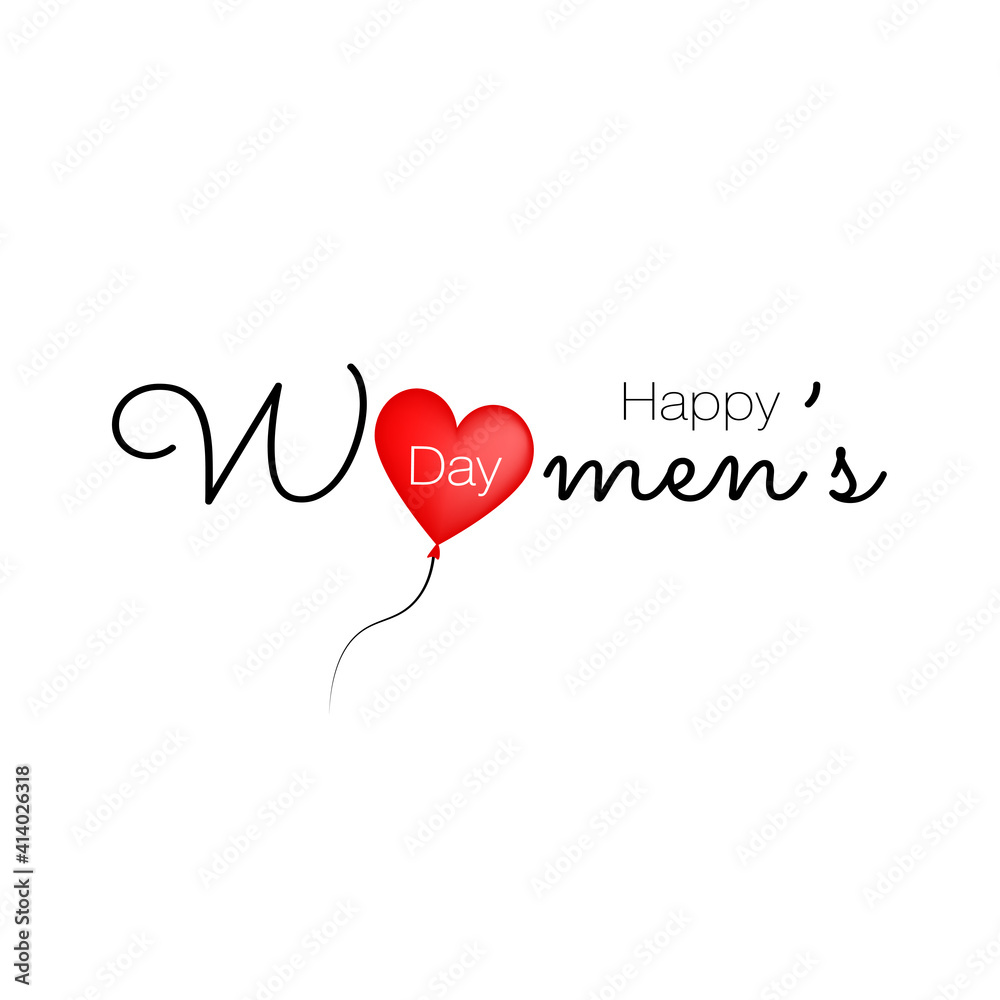 Vector illustration of stylish 8 march womens day with lettering text sign and red heart balloon for greeting card, banner