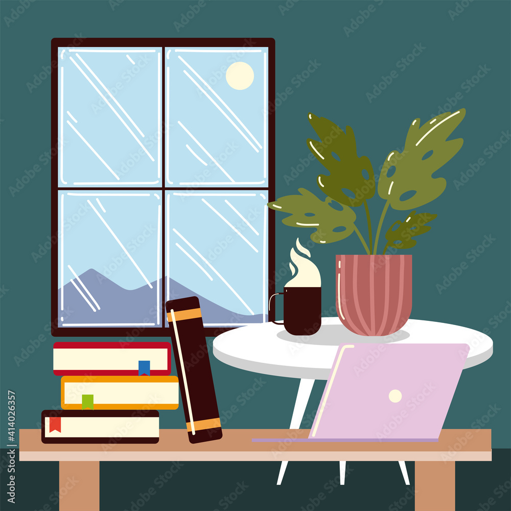 work to home, office desk laptop books coffee cup plant and window work to home, office desk laptop books coffee cup plant and window