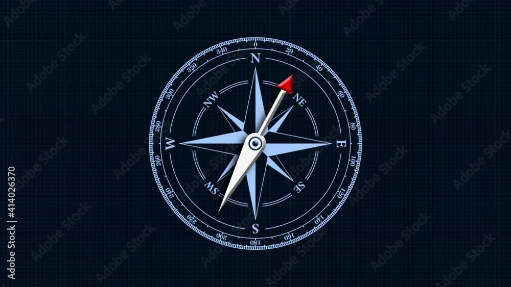 Close up view of the compass on deep blue background. Retro stale. Seamless looping