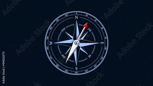 Close up view of the compass on deep blue background. Retro stale. Seamless looping