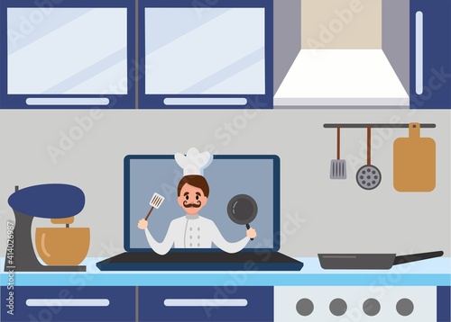 Culinary video broadcast, channel or blog with cooking online class. Improve culinary skills, learning in the internet. Vector illustration.