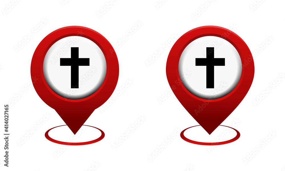 Set of map pointer with christian cross icon. Red map pin. Church location. Illustration vector Set of map pointer with christian cross icon. Red map pin. Church location. Illustration vector