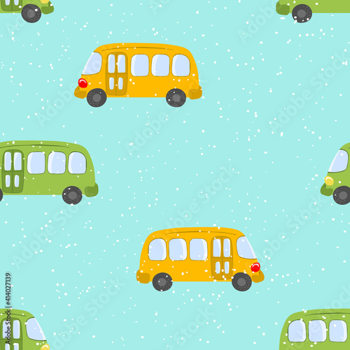 Seamless pattern with cute buses on blue background. Cartoot transport. Vector illustration. Doodle style. Design for baby print, invitation, poster, card, fabric, textile