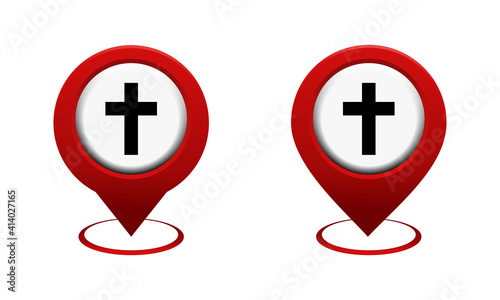 Set of map pointer with christian cross icon. Red map pin. Church location. Illustration vector