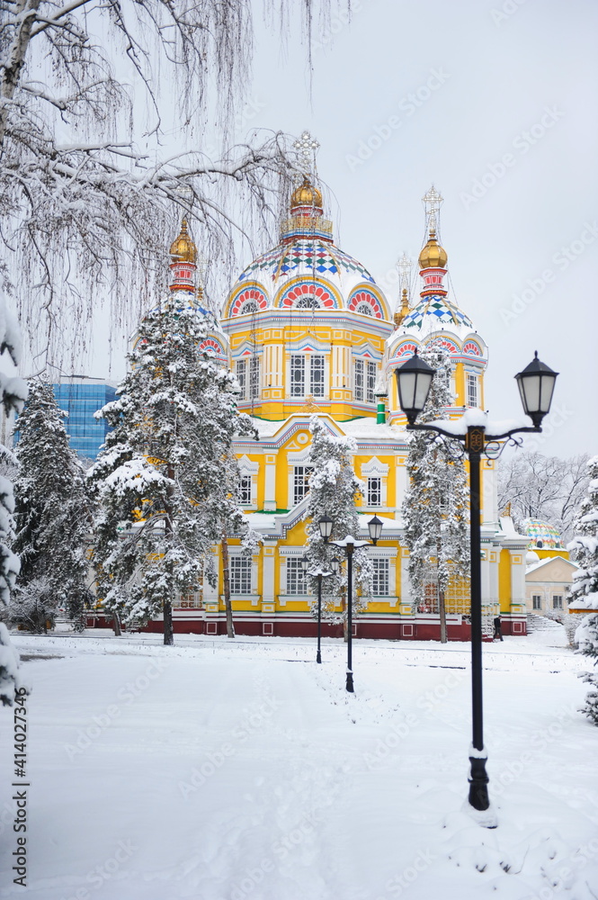 Almaty, Kazakhstan - 03.28.2010 : Ascension Cathedral in the central park of the city in the winter season. Almaty, Kazakhstan - 03.28.2010 : Ascension Cathedral in the central park of the city in the winter season.