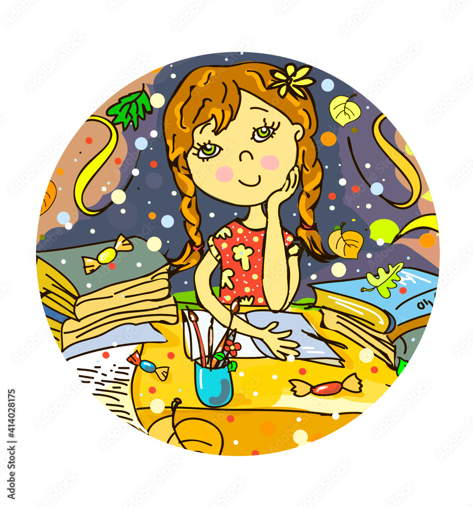 Fototapeta premium The girl sits at the table dreams, writes poetry, thinks. Children's illustration, cartoon style. Schoolgirl doing homework. On the table are books, pencils. Autumn, summer day. Round pattern 
