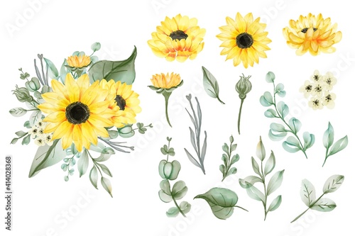 set of isolated watercolor yellow sun flower leaves