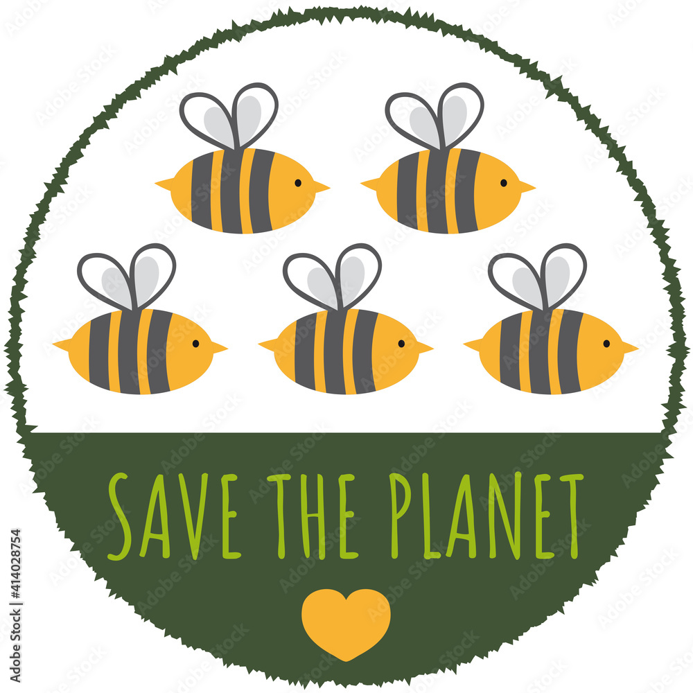 save the planet, save the bees, Bienenschwarm mit Spruch, Label, Symbol