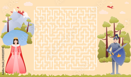 Faory tale concept for children maze with cute knight and princess characters in cartoon style, help to save girl