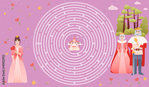Help to find right way to palace, children logical game, circle maze for kids with royal family characters