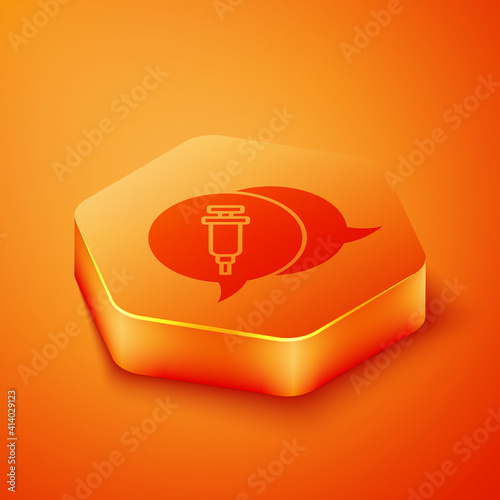 Isometric Addiction to the drug icon isolated on orange background. Heroin, narcotic, addiction, illegal. Sick junkie with a syringe and medical pills. Orange hexagon button. Vector.