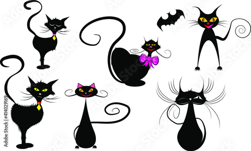 Set of vector black cats, isolated on white