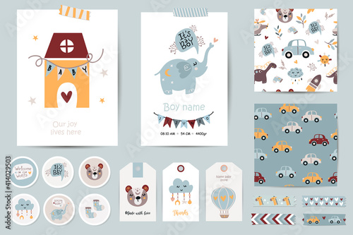 Set of cards, notes, stickers, labels, stamps, tags for baby boys.