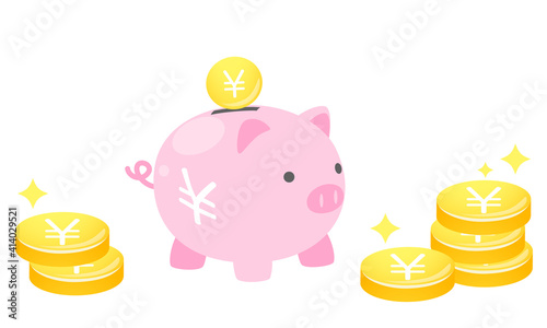 ブタの貯金箱とお金とキラキラのベクターイラスト
