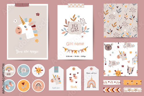 Set of cards, notes, stickers, labels, stamps, tags for baby girls.