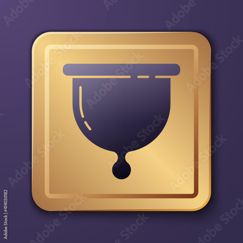 Purple Menstrual cup icon isolated on purple background. Feminine hygiene. Protection for woman in critical days. Gold square button. Vector.