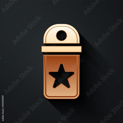 Gold Chevron icon isolated on black background. Military badge sign. Long shadow style. Vector.