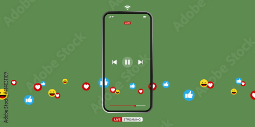 smartphone with online live streaming, video player interface and full of positive feedbacks, like icon, love icon and smile icon, concept of social media and work from home as new normal